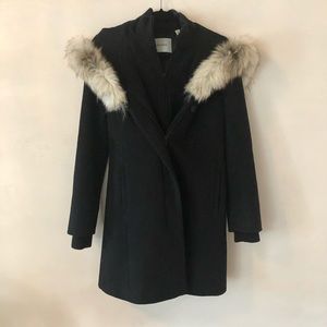 Aritzia Double Zip Wool Jacket with Fur Hood